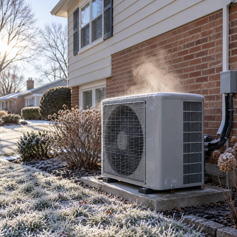 Heat pump outdoor unit beside a Warminster split-level in winter