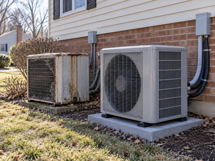 Old weathered heat pump next to a new one beside a house