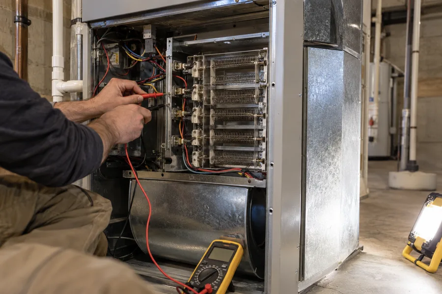 Air handler with its panel open showing electric backup heat strips