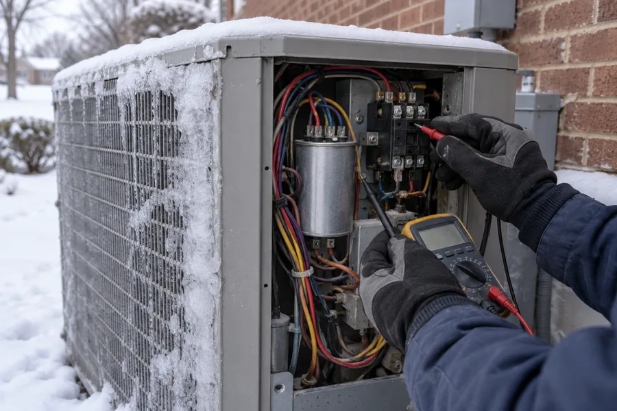 Technician testing the capacitor inside an outdoor heat pump unit