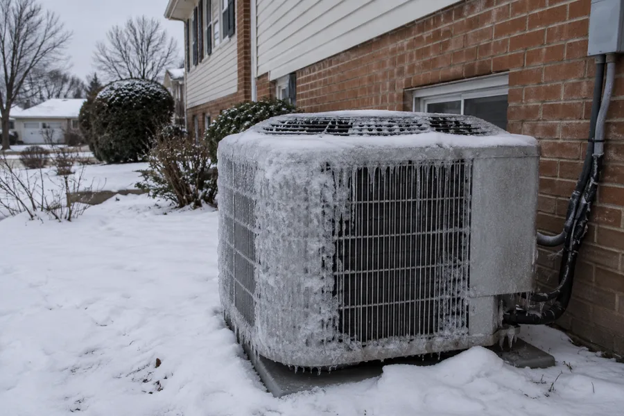Outdoor heat pump unit coated in ice in winter